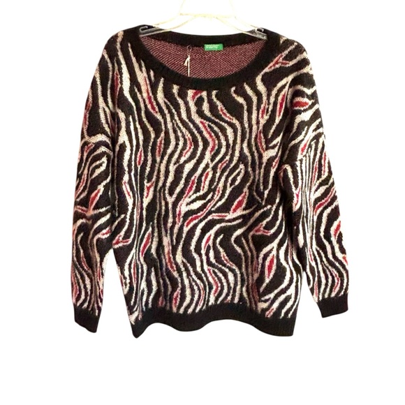 United Colors Of Benetton Mohair blend Black + Red Zebra design Sweater Med NWT - Picture 2 of 11